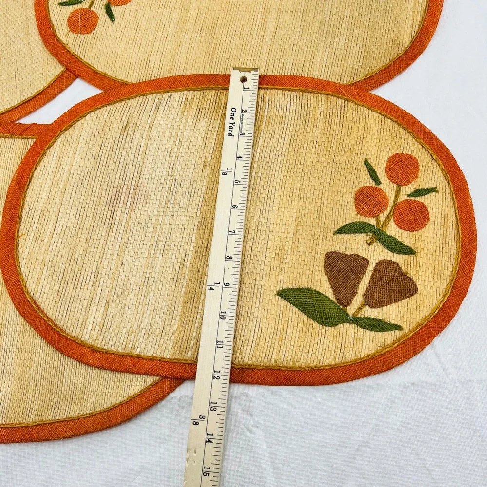 Vintage Abaca Woven Placemats Set‎ of 4 Fruit Embroidery Orange Oval Philippines